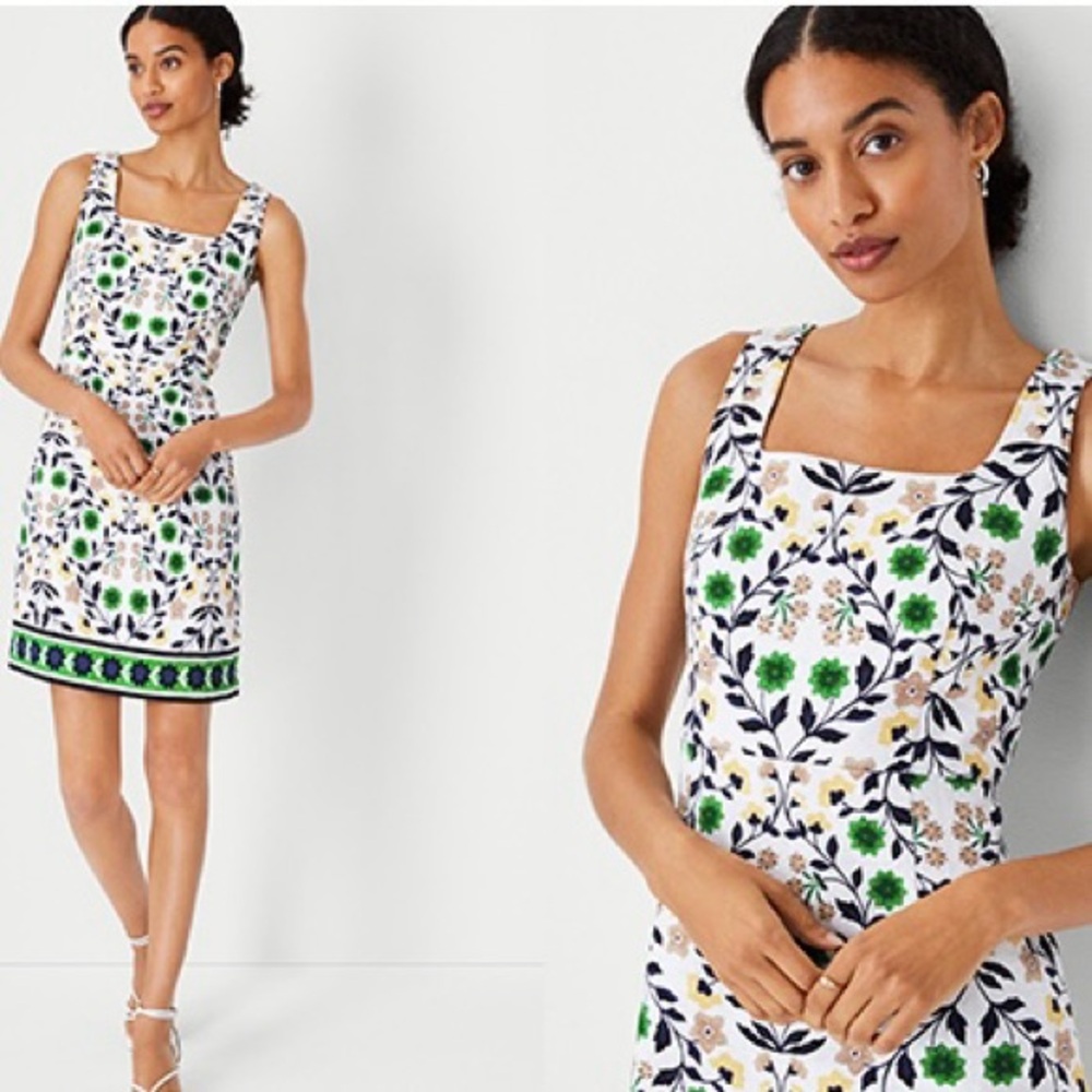 ANN TAYLOR PETITE Sleeveless Multicolor Floral White Sheath Dress | 8P